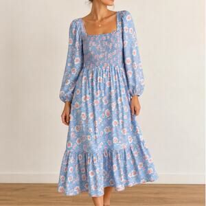 Dondolo Floral Smocked Hem Midi Dress Women’s Size 2XL Scalloped Cottage Blue